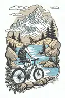 Landscape with snowy mountains, a stone-paved river, pine trees and in the distance a dog and a mountain bike tattoo design idea