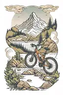 Landscape with snowy mountains, a stone-paved river, pine trees and in the distance a dog and a mountain bike tattoo design idea