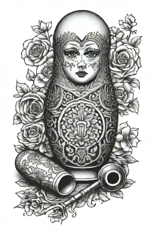 russian nesting doll with jeweler's tools black ink tattoo design idea