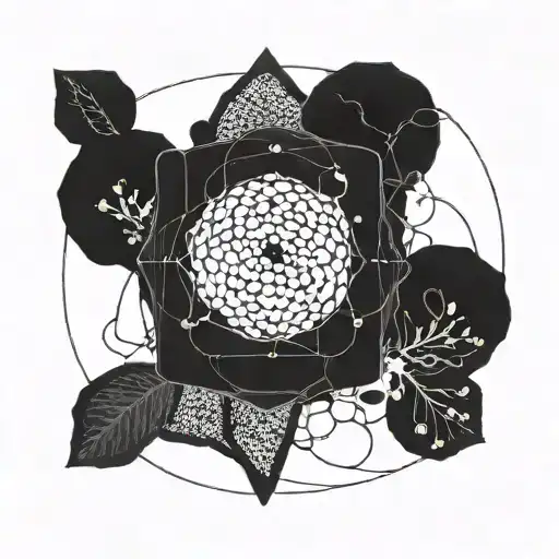 A minimalist blackwork design of a plant cell under a microscope, symbolizing the beauty of science and nature combined tattoo design idea