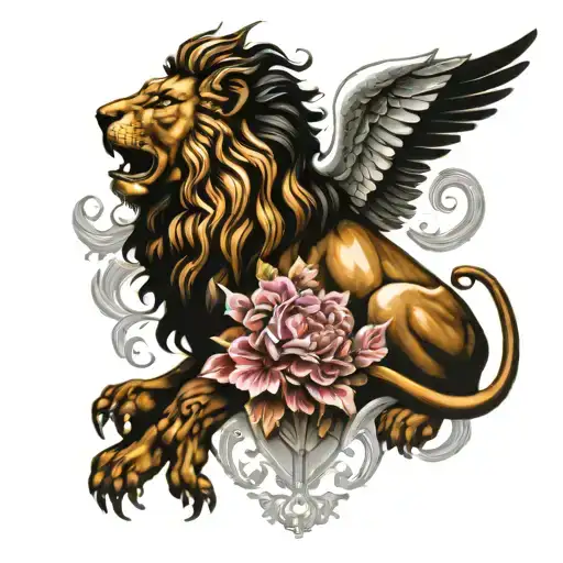 lion statue with angels and caravaggio  tattoo design idea