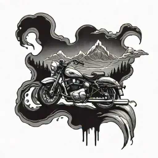 A tattoo of a motorcycle riding through a winding road surrounded by majestic mountains and vibrant nature in a rainstorm tattoo design idea