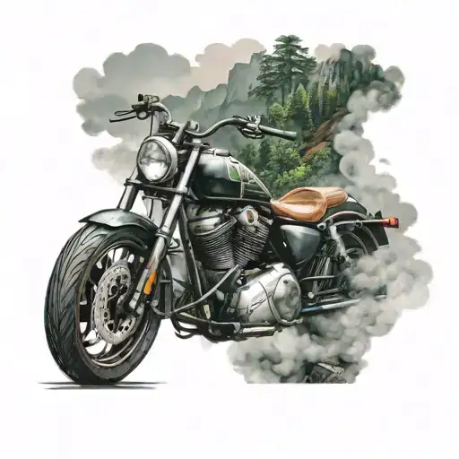A tattoo of a sleek motorcycle riding through a rainy mountain road, with lush greenery and misty clouds in the background tattoo design idea