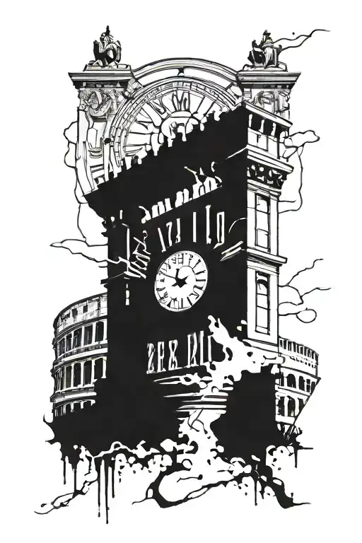 clock and Roman colosseum weathered  tattoo design idea