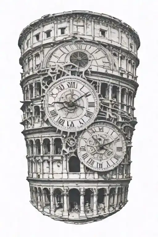 Roman colosseum and mechanical clock face morphing tattoo design idea