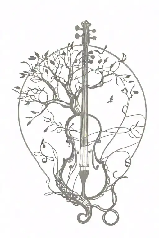 giraffe thorn tree with African roots wrapped around a violin and Music notes representing the shapes of countries tattoo design idea