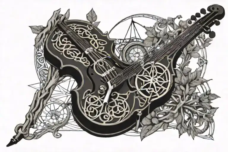 African thorn tree with the roots wrapped around a violin within a compass tattoo design idea