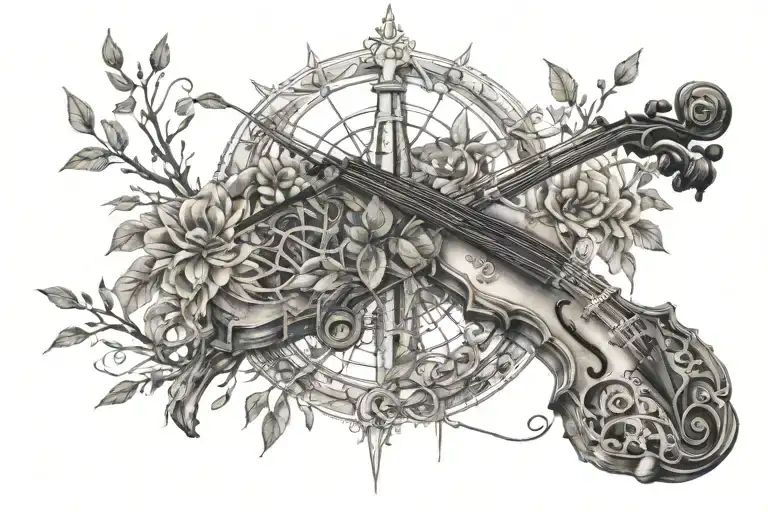 African thorn tree with the roots wrapped around a violin within a compass tattoo design idea