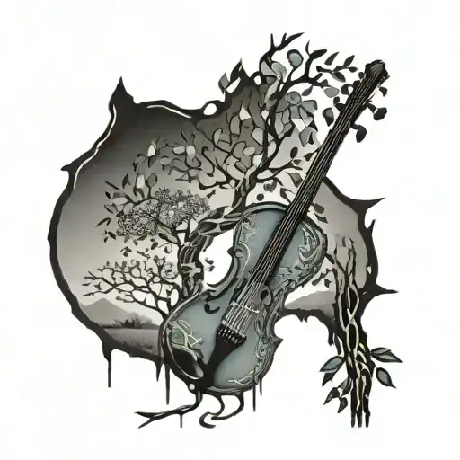giraffe thorn tree with African roots wrapped around a violin and Music notes representing the shapes of countries tattoo design idea