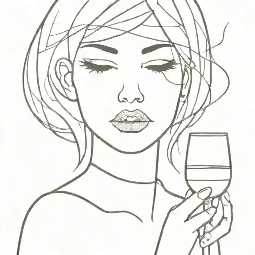 fine line, women siluete upper part with lips, no face, head thinking a lot, glass of wine in her hand leaning, thinking tattoo design idea
