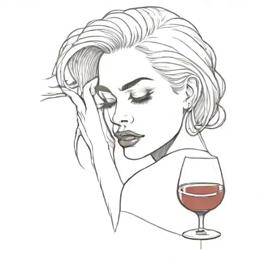fine line, women siluete upper part with lips, head thinking a lot, glass of wine in her hand leaning, thinking tattoo design idea