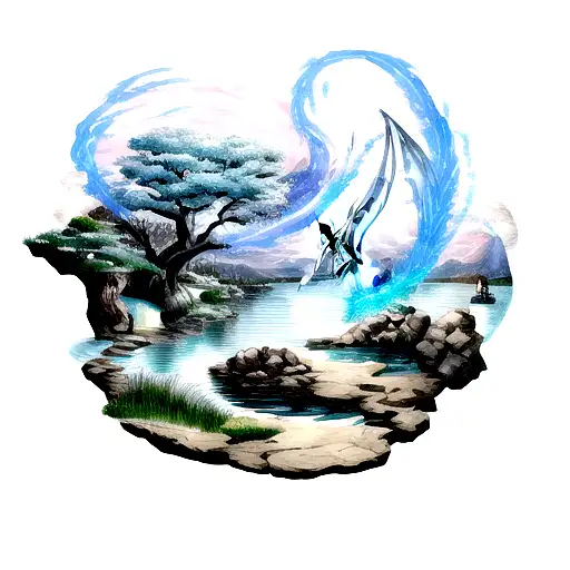 ice dragon, on the shore of a lake for an arm tattoo design idea