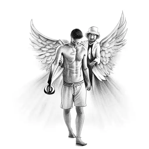 angel pouring a pitcher of water onto a kneeling man tattoo design idea