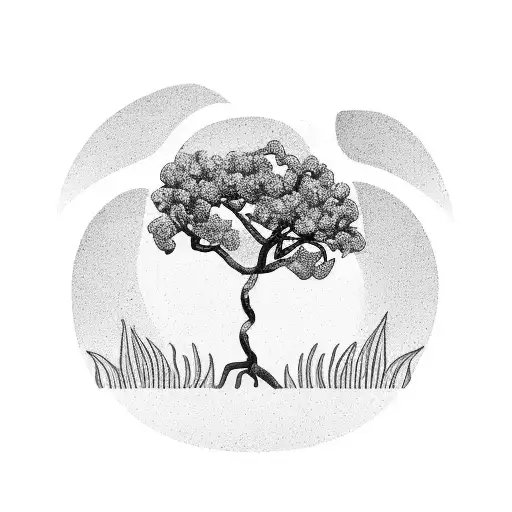 A blackwork tattoo of a cashew tree with a silhouette of a cat sitting on one of the branches tattoo design idea