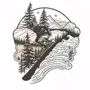 Snowboarder riding through a forest at sunset skyline tattoo design idea