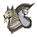 Draw me a tattoo on a man's back that includes Egypt with pyramids Queen Cleopatra and god anubis  tattoo design idea