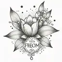 a snowdrop flower, a cat paw print, the word freedom tattoo design idea