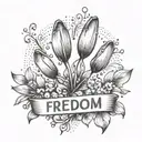 a snowdrop flower, a cat paw print, the word freedom tattoo design idea