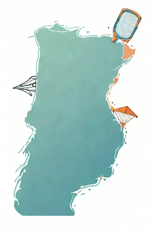 An intricate tattoo design of a lake surrounded by various sports equipment like baseball bats, surfboards, and footballs tattoo design idea