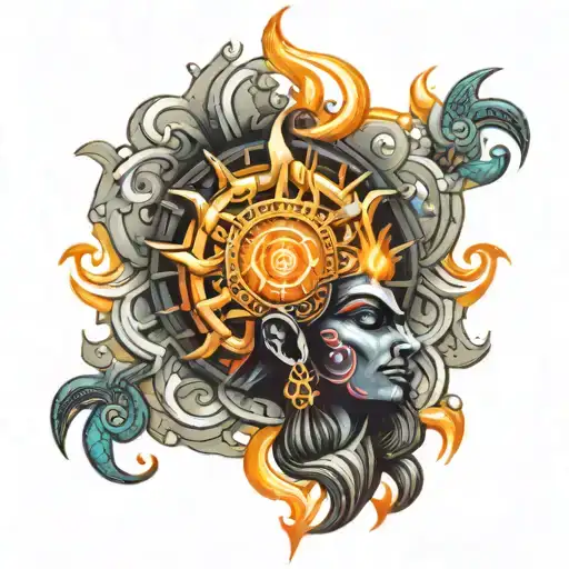 Shiva's trishul with 7 chakras breathing fire tattoo design idea