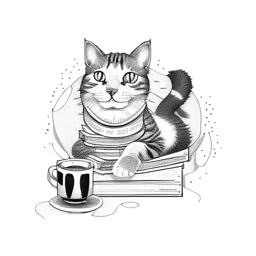 A cat lounging on a pile of books with a cup of coffee beside it tattoo design idea