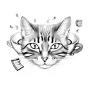 A cat lounging on a pile of books with a cup of coffee beside it tattoo design idea