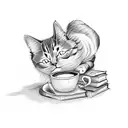 A cat lounging on a pile of books with a cup of coffee beside it tattoo design idea