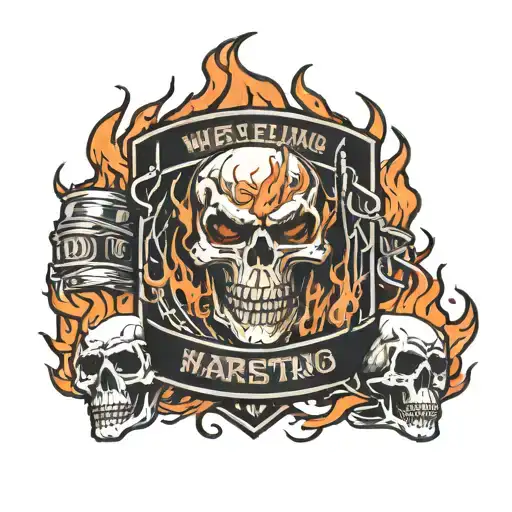 A wrestling ring engulfed in flames with a skull in the center tattoo design idea