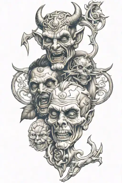 devil and god with drugs used tattoo design idea