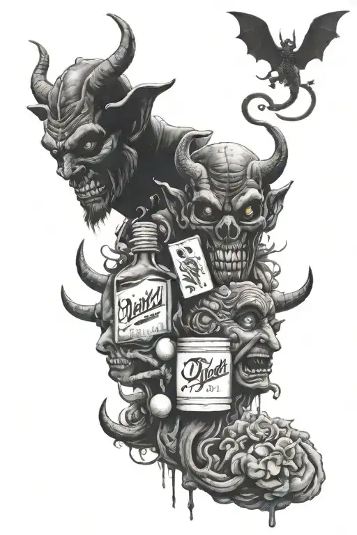 devil and god with drugs used tattoo design idea