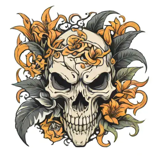 Pokémon cubone skull black surrounded by orange tiger lilies tattoo design idea