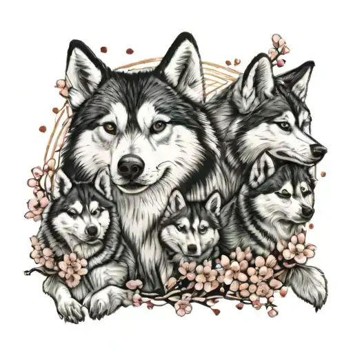 A dotwork tattoo of a family of huskies playing in a field of cherry blossoms, representing the client's love for their family and pets. tattoo design idea