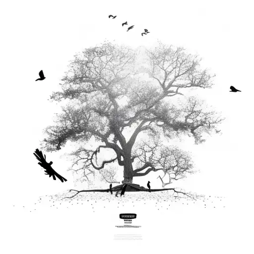   An oak tree as the central focus, small black birds flying, silhouette man constructing a tree house tattoo design idea