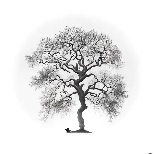   An oak tree as the central focus, small black birds flying, silhouette man constructing a tree house tattoo design idea