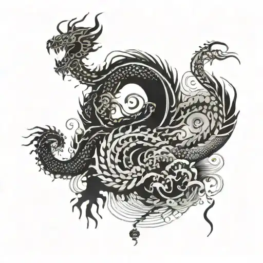 a chinese dragon with an ant crawling, a jellyfish print and two birds surroundng it  tattoo design idea