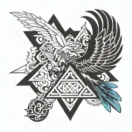 An anime-inspired design featuring a mystical triforce zelda symbol intertwined with a majestic phoenix and a loyal dog companion tattoo design idea