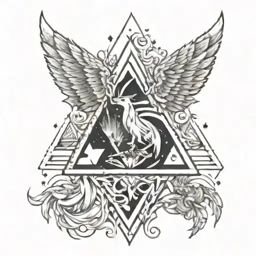 An anime-inspired design featuring a mystical triforce zelda symbol intertwined with a majestic phoenix and a loyal dog companion tattoo design idea