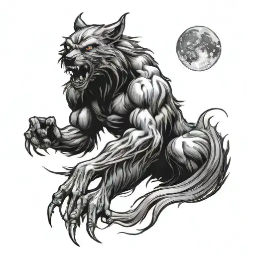 strong werewolf howeing at the moon , ripping skin tattoo design idea