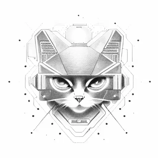 A futuristic cyberpunk cat playing a video game with a pixelated controller tattoo design idea