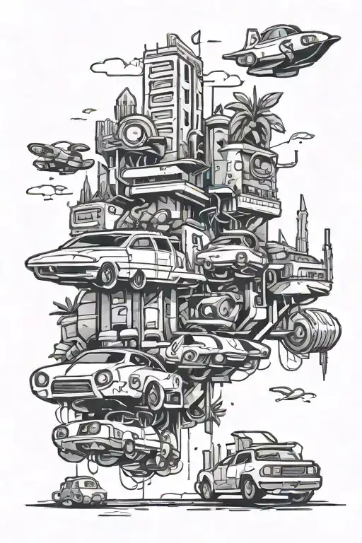 A tattoo design of a futuristic cityscape with anime characters flying cars, and cannabis plants scattered throughout, inspired by video games tattoo design idea