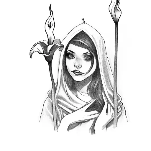  girl wearing a cloak holding a candle with calla lily and 2 coins tattoo design idea