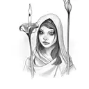  girl wearing a cloak holding a candle with calla lily and 2 coins tattoo design idea