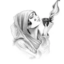  girl wearing a cloak holding a candle with calla lily and 2 coins tattoo design idea