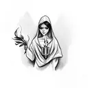  girl wearing a cloak holding a candle with calla lily and 2 coins tattoo design idea