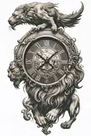 lion and antique clock tattoo design idea