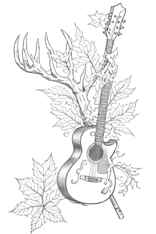 arrow, red dear antlers, something Christian related, a maple leaf, and something guitar related tattoo design idea