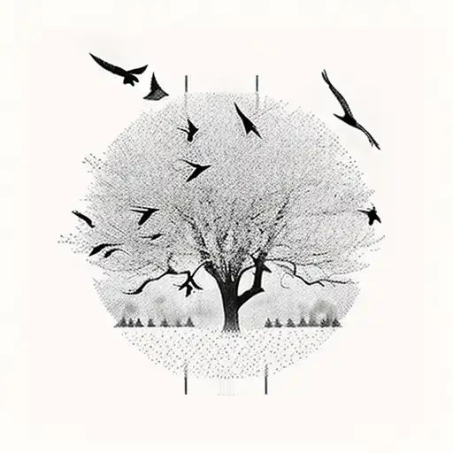 a tree with birds flying in and leaves flying out. the birds and the leafes follow the same path. there is also a noose  tattoo design idea