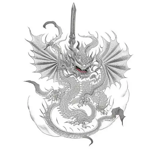 Asura with bow and sword with dragon behind tattoo design idea