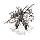 Asura with four arms with weapons and dragon standing behind tattoo design idea