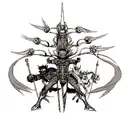 Asura with four arms with weapons and dragon standing behind tattoo design idea
